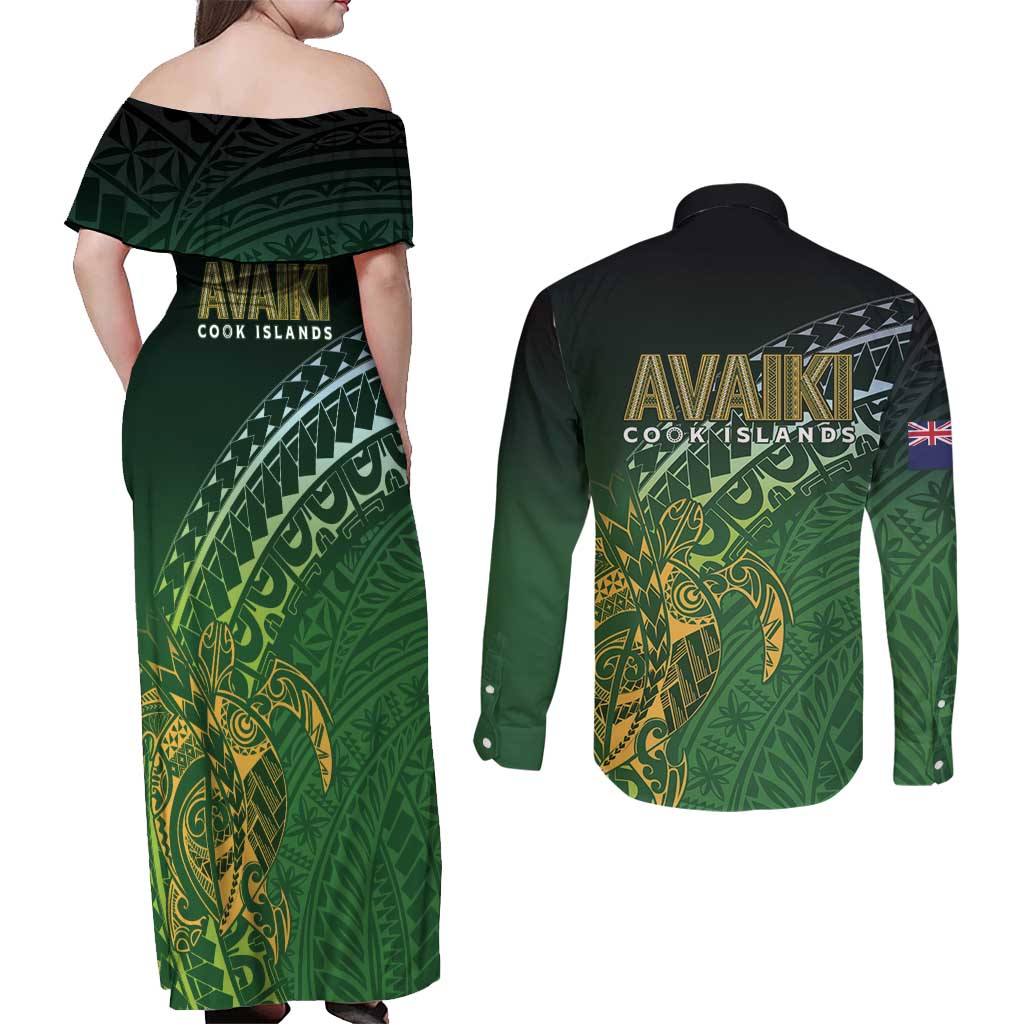 Cook Islands Rugby Kuki Avaiki Couples Matching Off Shoulder Maxi Dress and Long Sleeve Button Shirt Tribal Turtle LT7 - Polynesian Pride