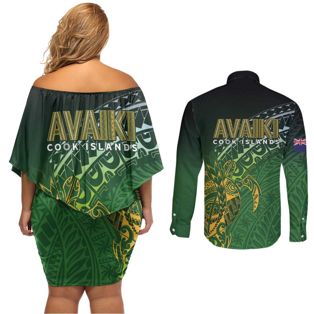 Cook Islands Rugby Kuki Avaiki Couples Matching Off Shoulder Short Dress and Long Sleeve Button Shirt Tribal Turtle LT7 - Polynesian Pride