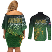 Cook Islands Rugby Kuki Avaiki Couples Matching Off Shoulder Short Dress and Long Sleeve Button Shirt Tribal Turtle LT7 - Polynesian Pride