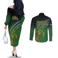 Cook Islands Rugby Kuki Avaiki Couples Matching Off The Shoulder Long Sleeve Dress and Long Sleeve Button Shirt Tribal Turtle LT7 - Polynesian Pride