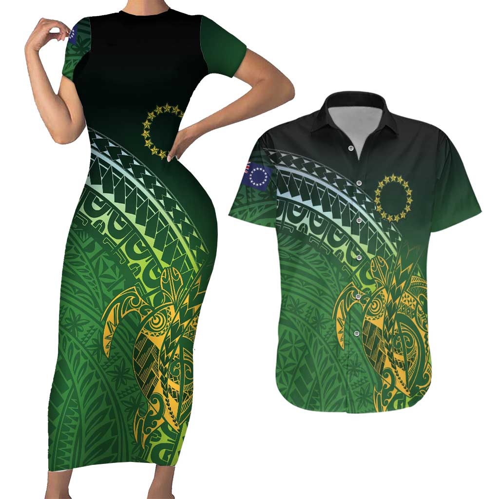 Cook Islands Rugby Kuki Avaiki Couples Matching Short Sleeve Bodycon Dress and Hawaiian Shirt Tribal Turtle - Polynesian Pride