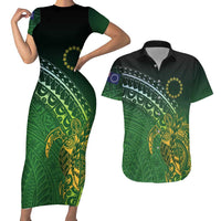 Cook Islands Rugby Kuki Avaiki Couples Matching Short Sleeve Bodycon Dress and Hawaiian Shirt Tribal Turtle LT7 Dark Green - Polynesian Pride
