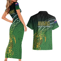 Cook Islands Rugby Kuki Avaiki Couples Matching Short Sleeve Bodycon Dress and Hawaiian Shirt Tribal Turtle LT7 - Polynesian Pride
