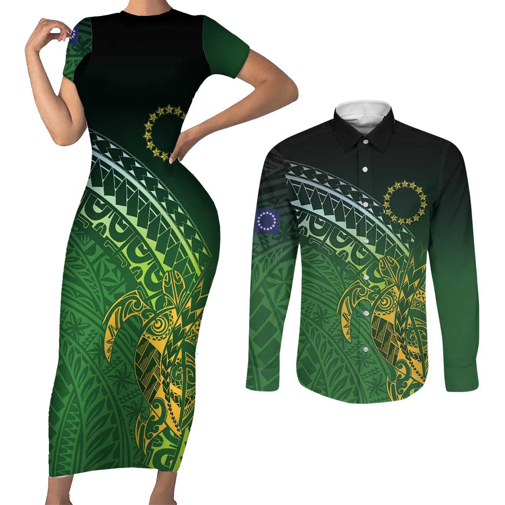 Cook Islands Rugby Kuki Avaiki Couples Matching Short Sleeve Bodycon Dress and Long Sleeve Button Shirt Tribal Turtle LT7 Dark Green - Polynesian Pride