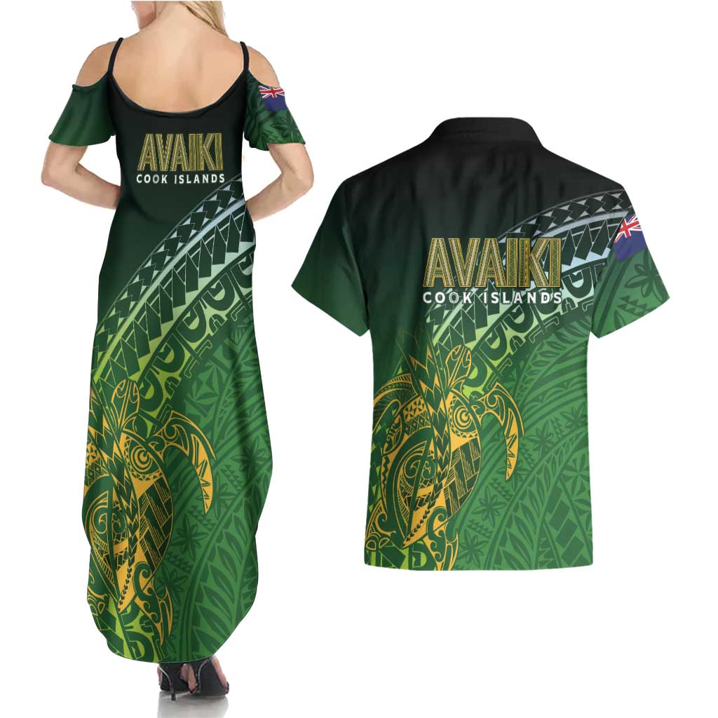 Cook Islands Rugby Kuki Avaiki Couples Matching Summer Maxi Dress and Hawaiian Shirt Tribal Turtle LT7 - Polynesian Pride