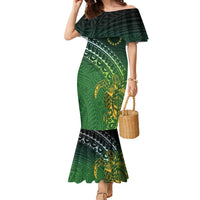 Cook Islands Rugby Kuki Avaiki Family Matching Mermaid Dress and Hawaiian Shirt Tribal Turtle LT7 Mom's Dress Dark Green - Polynesian Pride