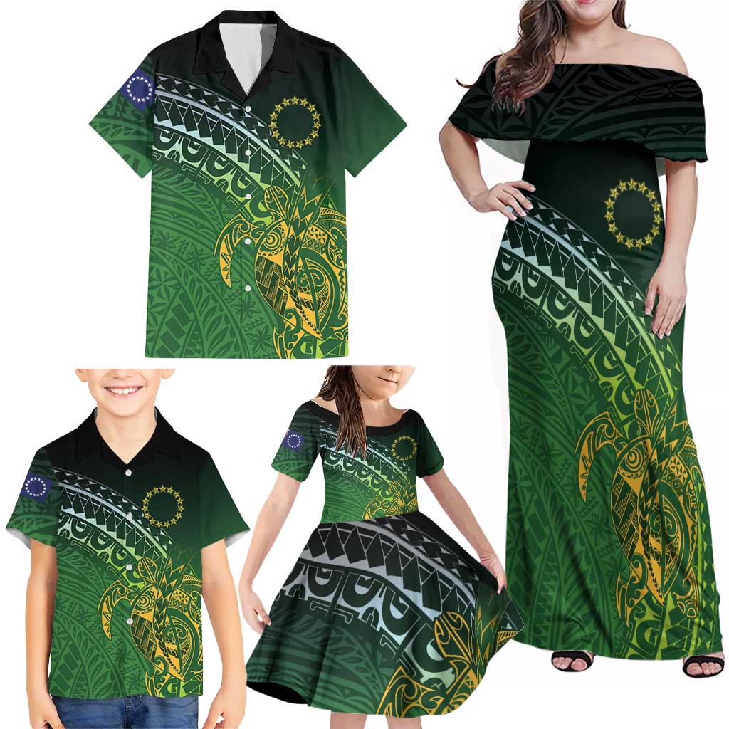 Cook Islands Rugby Kuki Avaiki Family Matching Off Shoulder Maxi Dress and Hawaiian Shirt Tribal Turtle LT7 - Polynesian Pride
