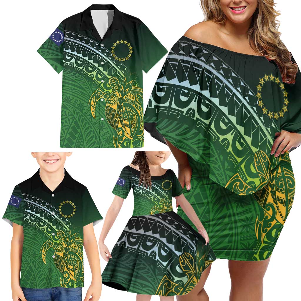 Cook Islands Rugby Kuki Avaiki Family Matching Off Shoulder Short Dress and Hawaiian Shirt Tribal Turtle LT7 - Polynesian Pride