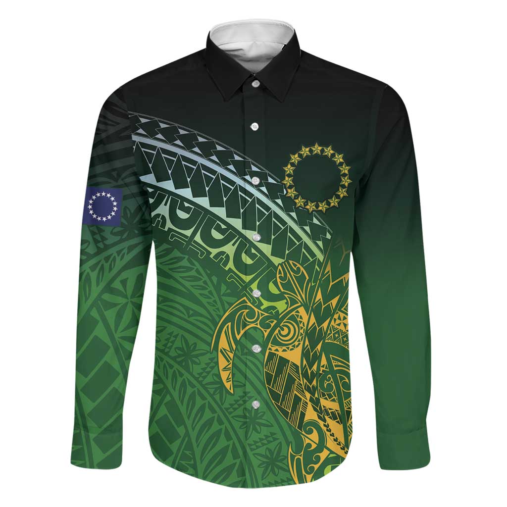 Cook Islands Rugby Kuki Avaiki Family Matching Off Shoulder Short Dress and Hawaiian Shirt Tribal Turtle LT7 Dad's Shirt - Long Sleeve Dark Green - Polynesian Pride