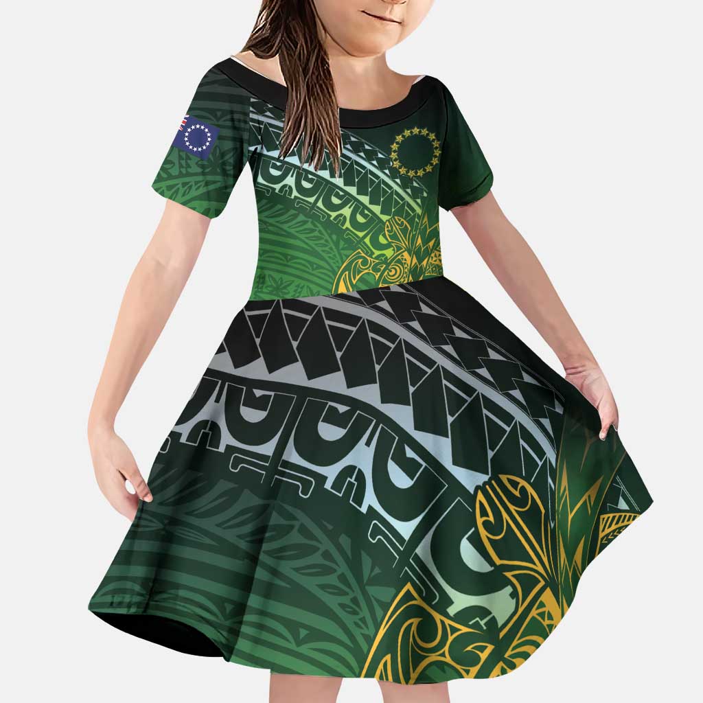 Cook Islands Rugby Kuki Avaiki Family Matching Puletasi and Hawaiian Shirt Tribal Turtle LT7 Daughter's Dress Dark Green - Polynesian Pride