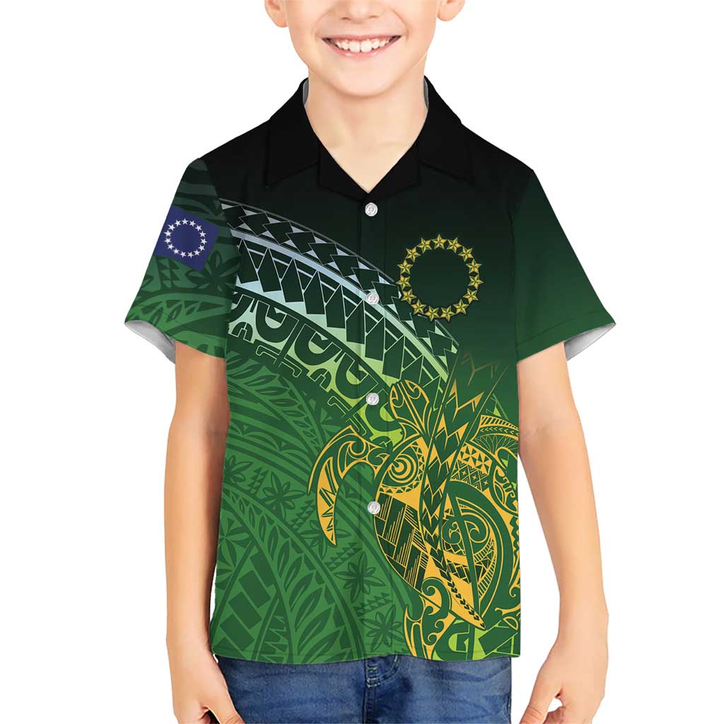 Cook Islands Rugby Kuki Avaiki Family Matching Puletasi and Hawaiian Shirt Tribal Turtle LT7 Son's Shirt Dark Green - Polynesian Pride