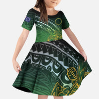 Cook Islands Rugby Kuki Avaiki Family Matching Summer Maxi Dress and Hawaiian Shirt Tribal Turtle LT7 Daughter's Dress Dark Green - Polynesian Pride