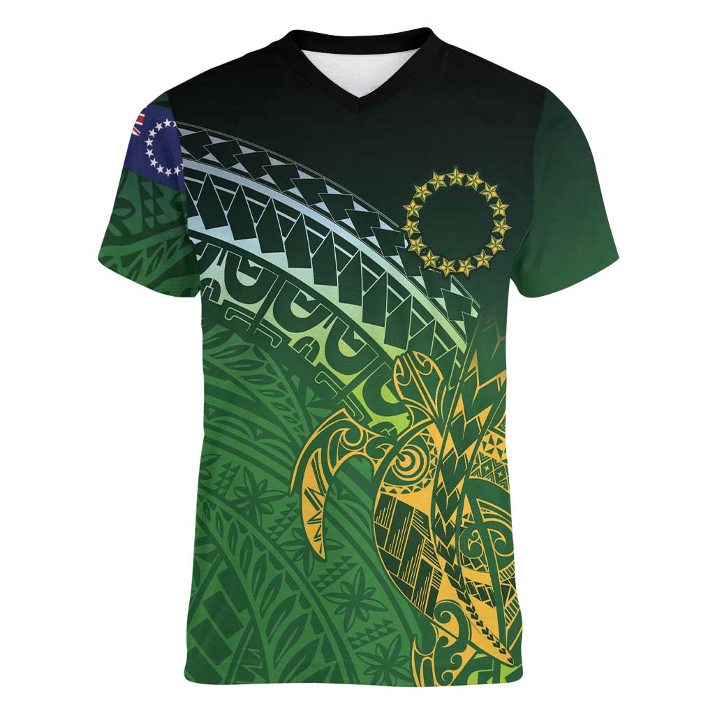 Cook Islands Rugby Kuki Avaiki Women V-Neck T-Shirt Tribal Turtle - Polynesian Pride
