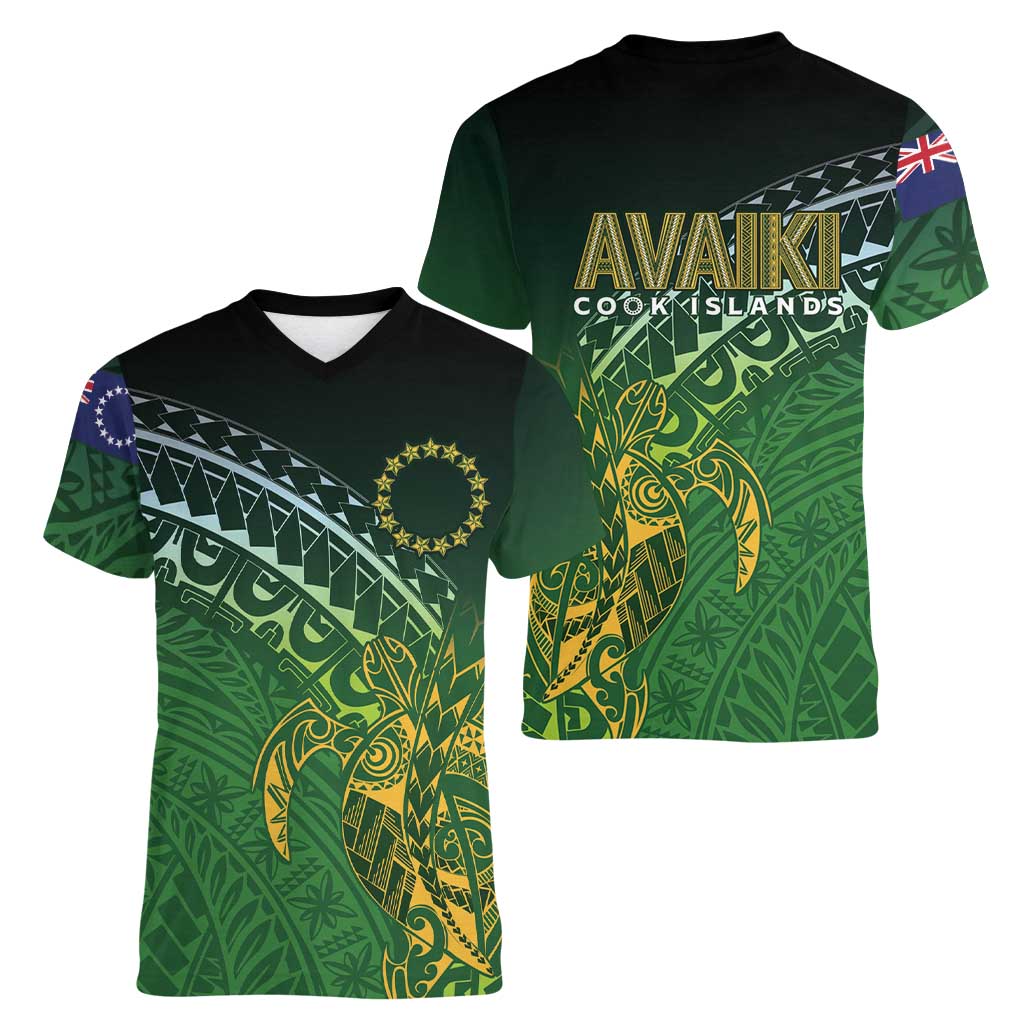 Cook Islands Rugby Kuki Avaiki Women V-Neck T-Shirt Tribal Turtle - Polynesian Pride