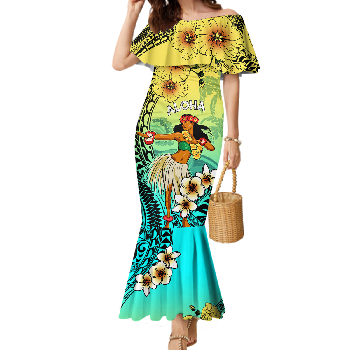 Honolulu Hawaii Family Matching Mermaid Dress and Hawaiian Shirt Ilima Plumeria with Hula Girl LT7 Mom's Dress Colorful - Polynesian Pride