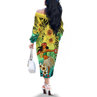 Honolulu Hawaii Family Matching Off Shoulder Long Sleeve Dress and Hawaiian Shirt Ilima Plumeria with Hula Girl LT7 - Polynesian Pride