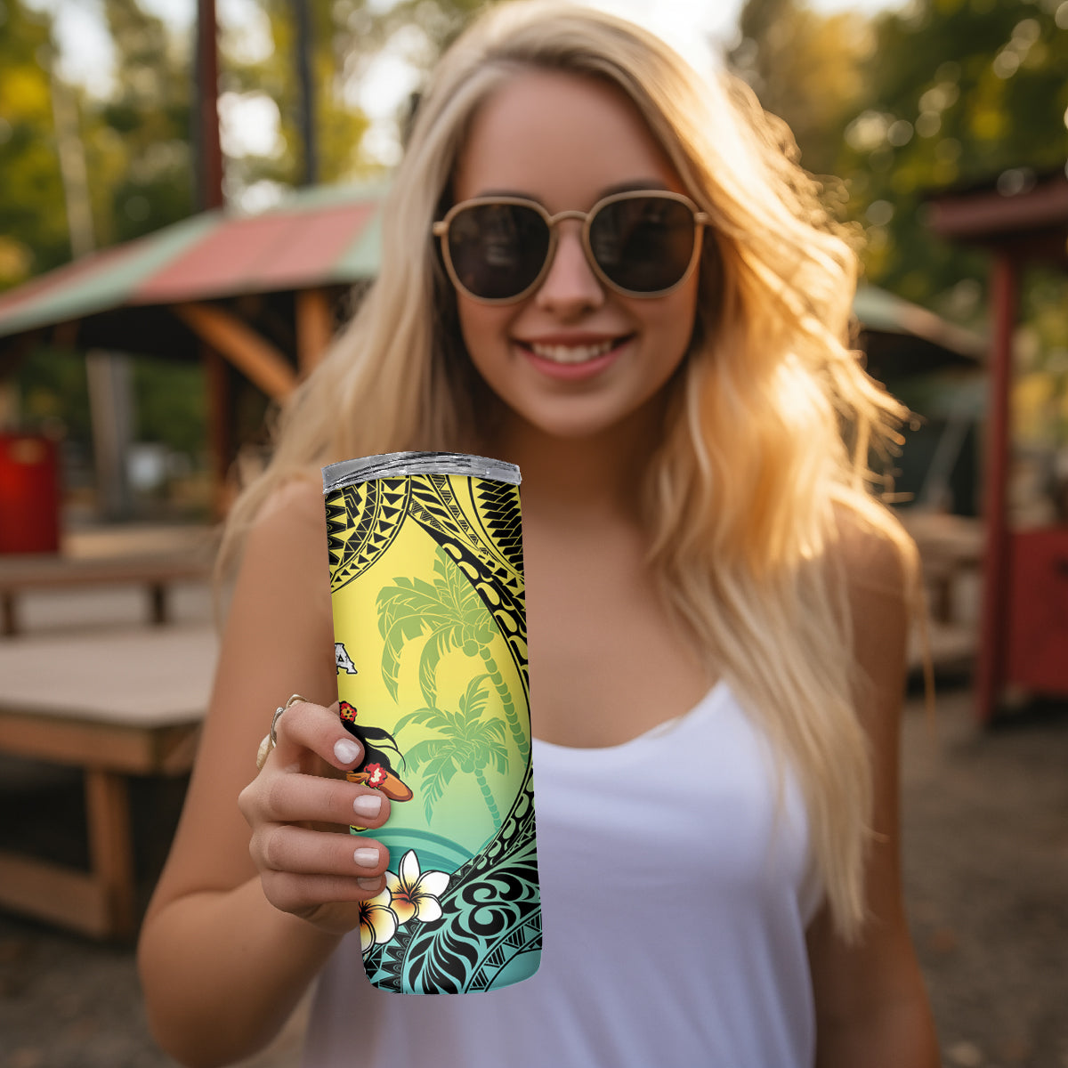Honolulu Hawaii Skinny Tumbler Ilima Plumeria with Hula Girl LT7 - Polynesian Pride