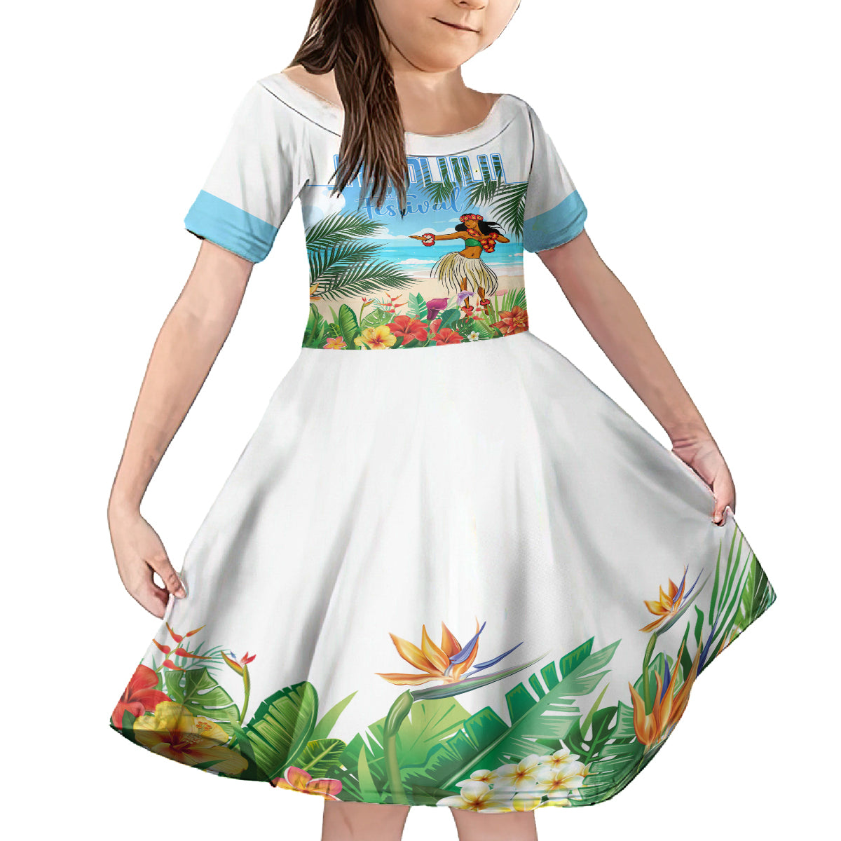 Personalised Hawaii Hula Girl Family Matching Off Shoulder Short Dress and Hawaiian Shirt Honolulu Festival LT7 Daughter's Dress Art - Polynesian Pride