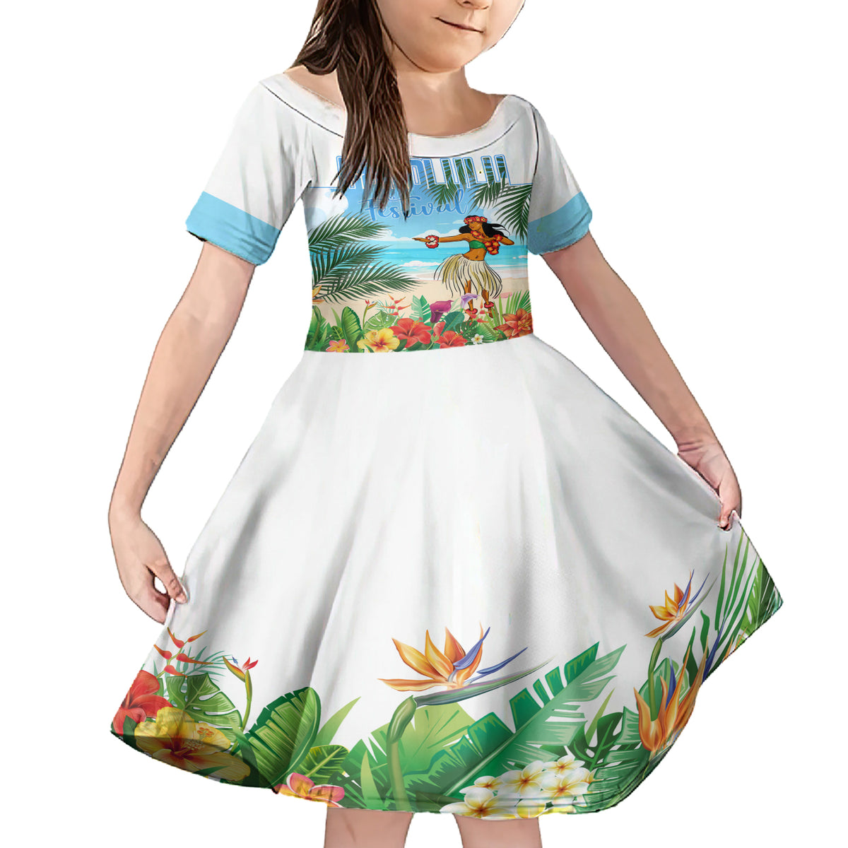 Personalised Hawaii Hula Girl Family Matching Short Sleeve Bodycon Dress and Hawaiian Shirt Honolulu Festival LT7 Daughter's Dress Art - Polynesian Pride