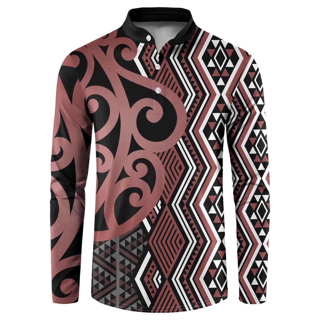 Maori Taniko Patterns Button Sweatshirt Brown Patiki Motifs Mix Whakairo Ngaru