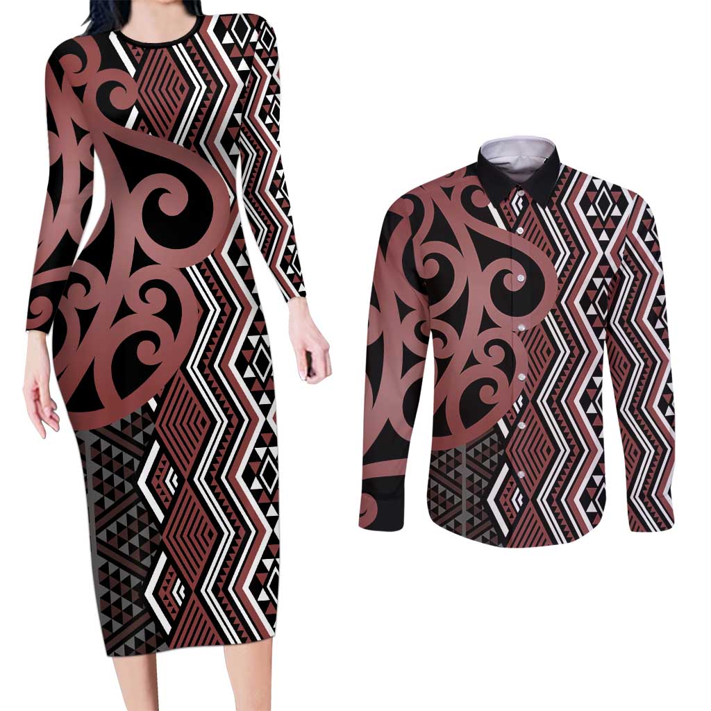 Maori Taniko Patterns Couples Matching Long Sleeve Bodycon Dress and Long Sleeve Button Shirt Brown Patiki Motifs Mix Whakairo Ngaru