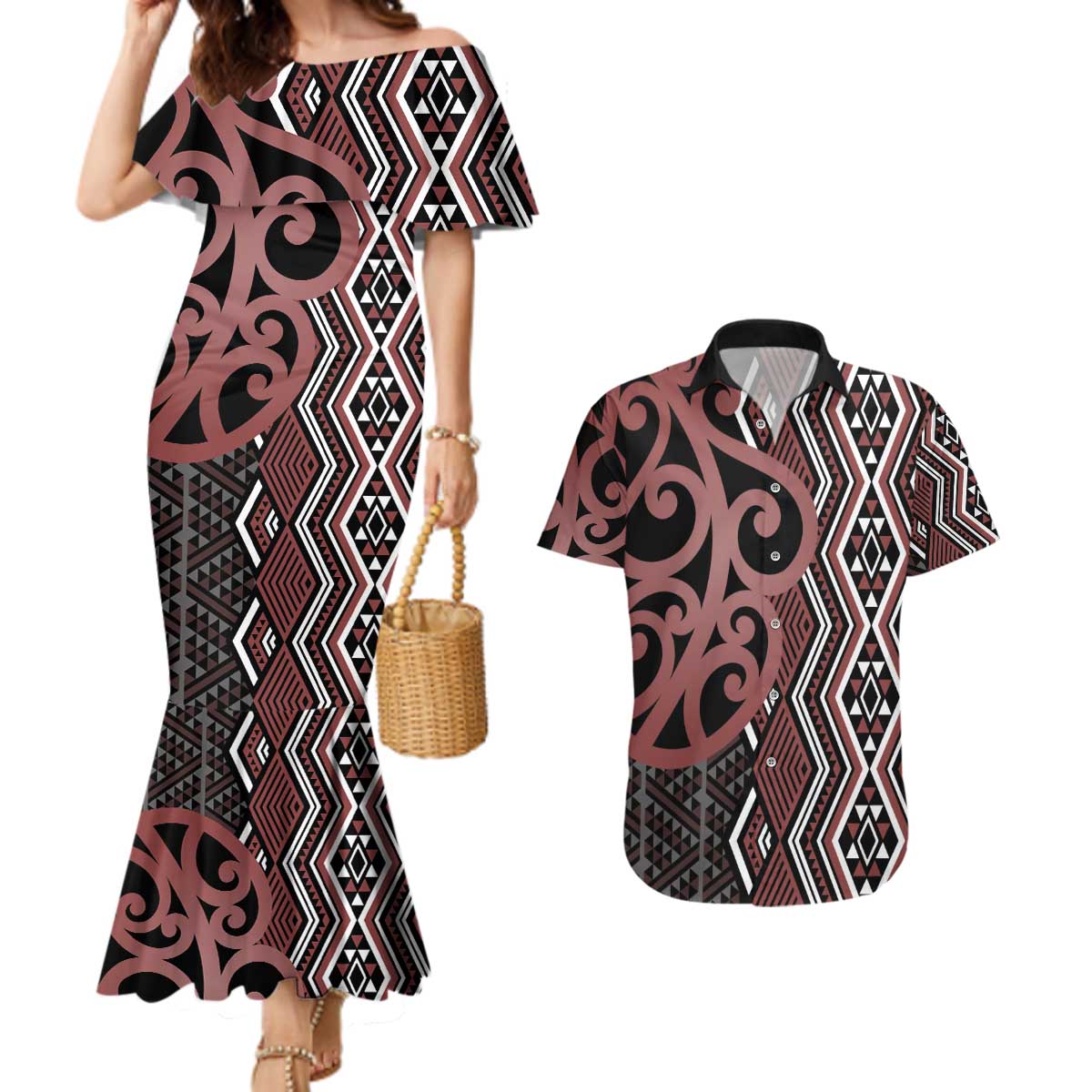 Maori Taniko Patterns Couples Matching Mermaid Dress and Hawaiian Shirt Brown Patiki Motifs Mix Whakairo Ngaru LT7 Brown - Polynesian Pride