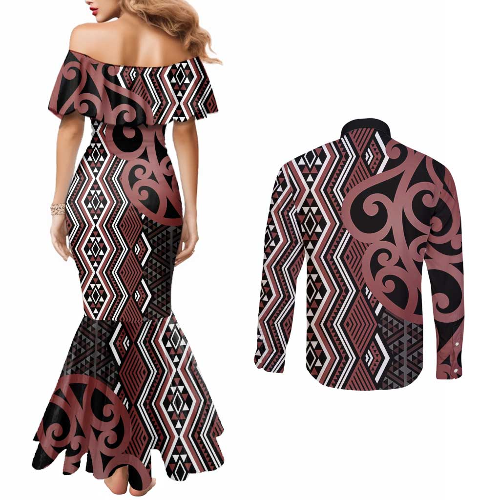 Maori Taniko Patterns Couples Matching Mermaid Dress and Long Sleeve Button Shirt Brown Patiki Motifs Mix Whakairo Ngaru LT7 - Polynesian Pride