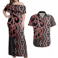 Maori Taniko Patterns Couples Matching Off Shoulder Maxi Dress and Hawaiian Shirt Brown Patiki Motifs Mix Whakairo Ngaru LT7 Brown - Polynesian Pride