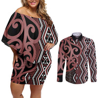 Maori Taniko Patterns Couples Matching Off Shoulder Short Dress and Long Sleeve Button Shirt Brown Patiki Motifs Mix Whakairo Ngaru LT7 Brown - Polynesian Pride