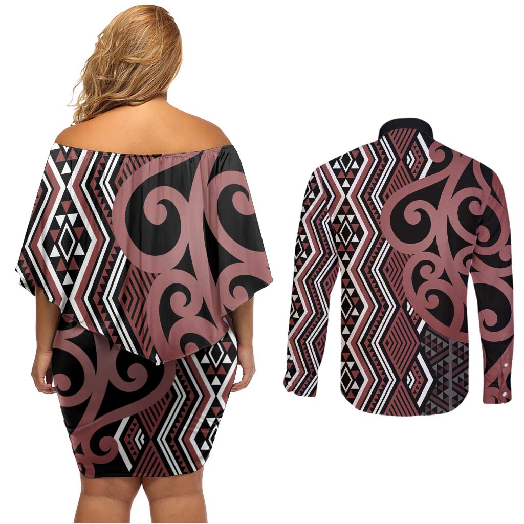 Maori Taniko Patterns Couples Matching Off Shoulder Short Dress and Long Sleeve Button Shirt Brown Patiki Motifs Mix Whakairo Ngaru LT7 - Polynesian Pride