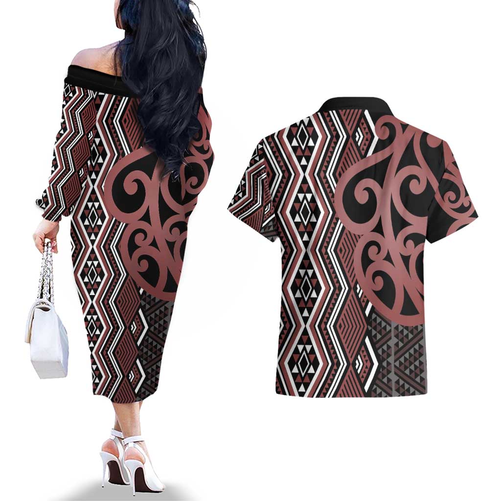 Maori Taniko Patterns Couples Matching Off The Shoulder Long Sleeve Dress and Hawaiian Shirt Brown Patiki Motifs Mix Whakairo Ngaru LT7 - Polynesian Pride