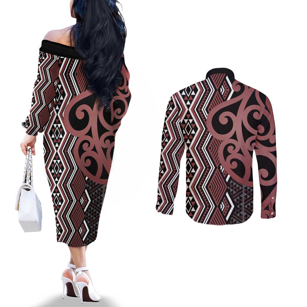Maori Taniko Patterns Couples Matching Off The Shoulder Long Sleeve Dress and Long Sleeve Button Shirt Brown Patiki Motifs Mix Whakairo Ngaru LT7 - Polynesian Pride