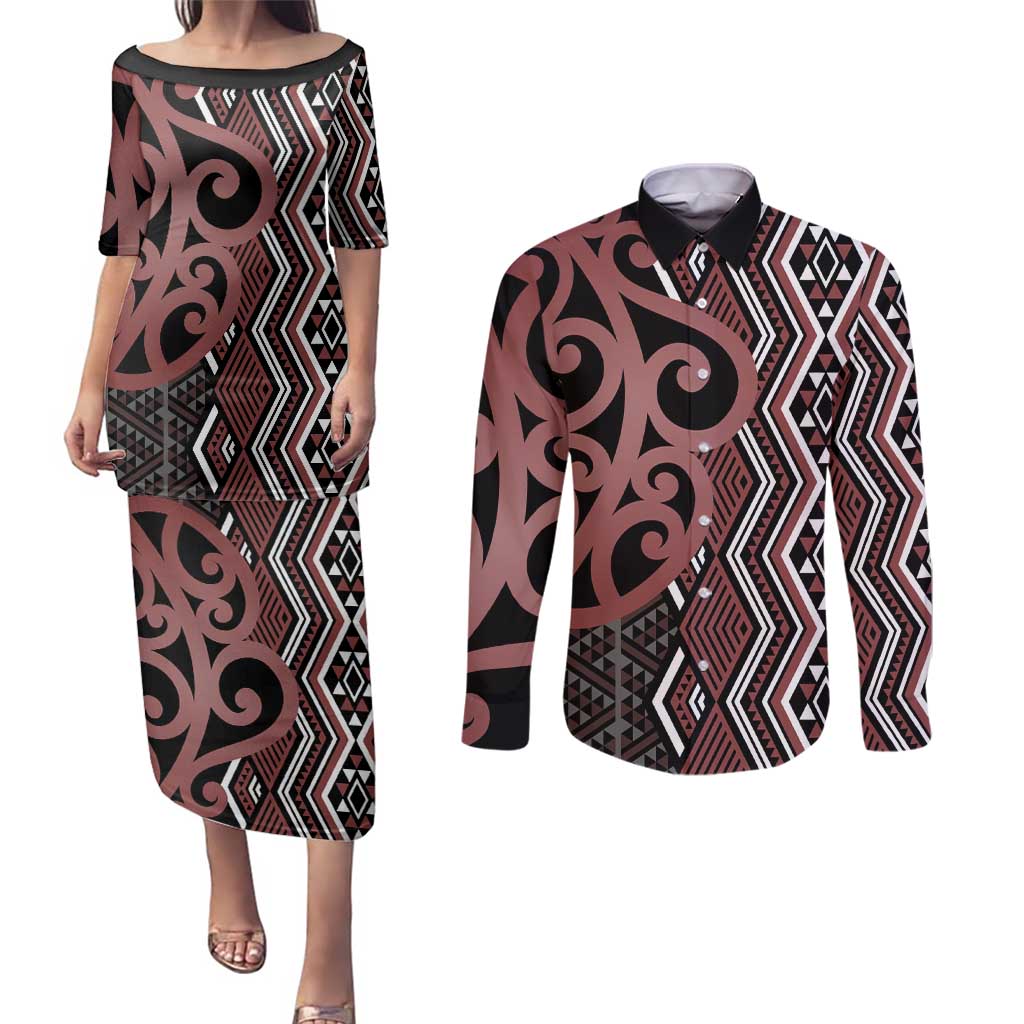 Maori Taniko Patterns Couples Matching Puletasi and Long Sleeve Button Shirt Brown Patiki Motifs Mix Whakairo Ngaru LT7 Brown - Polynesian Pride