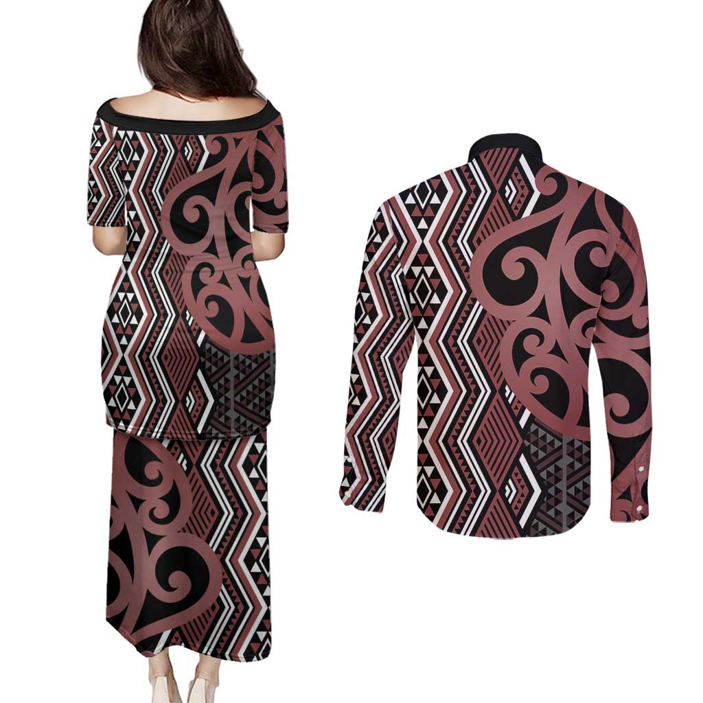 Maori Taniko Patterns Couples Matching Puletasi and Long Sleeve Button Shirt Brown Patiki Motifs Mix Whakairo Ngaru LT7 - Polynesian Pride