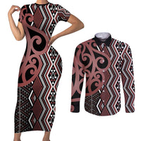 Maori Taniko Patterns Couples Matching Short Sleeve Bodycon Dress and Long Sleeve Button Shirt Brown Patiki Motifs Mix Whakairo Ngaru LT7 Brown - Polynesian Pride