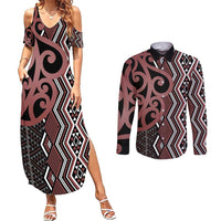 Maori Taniko Patterns Couples Matching Summer Maxi Dress and Long Sleeve Button Shirt Brown Patiki Motifs Mix Whakairo Ngaru LT7 Brown - Polynesian Pride