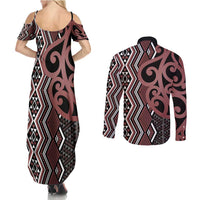 Maori Taniko Patterns Couples Matching Summer Maxi Dress and Long Sleeve Button Shirt Brown Patiki Motifs Mix Whakairo Ngaru LT7 - Polynesian Pride