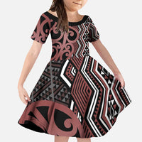 Maori Taniko Patterns Family Matching Long Sleeve Bodycon Dress and Hawaiian Shirt Brown Patiki Motifs Mix Whakairo Ngaru LT7 Daughter's Dress Brown - Polynesian Pride