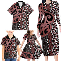 Maori Taniko Patterns Family Matching Long Sleeve Bodycon Dress and Hawaiian Shirt Brown Patiki Motifs Mix Whakairo Ngaru LT7 - Polynesian Pride