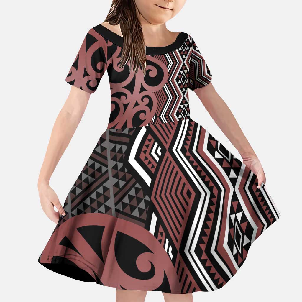Maori Taniko Patterns Family Matching Mermaid Dress and Hawaiian Shirt Brown Patiki Motifs Mix Whakairo Ngaru LT7 Daughter's Dress Brown - Polynesian Pride