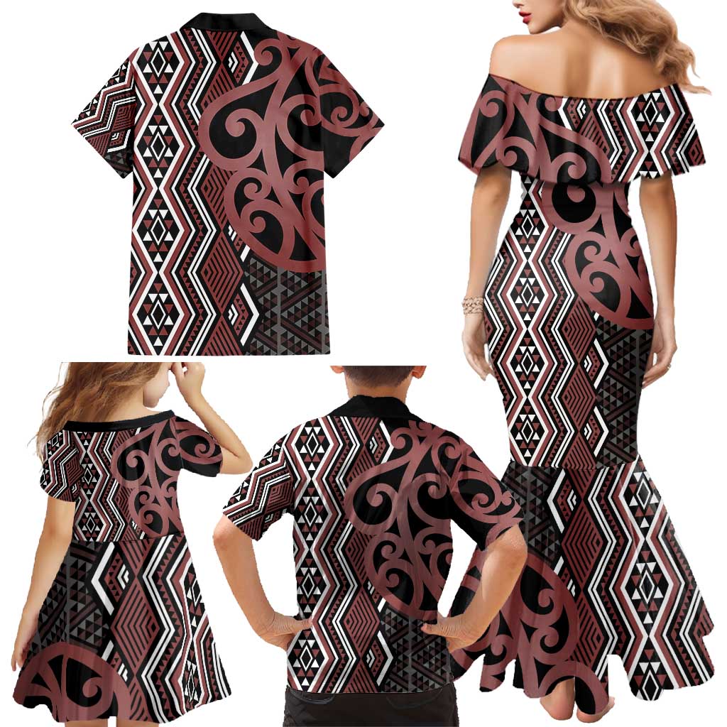 Maori Taniko Patterns Family Matching Mermaid Dress and Hawaiian Shirt Brown Patiki Motifs Mix Whakairo Ngaru LT7 - Polynesian Pride