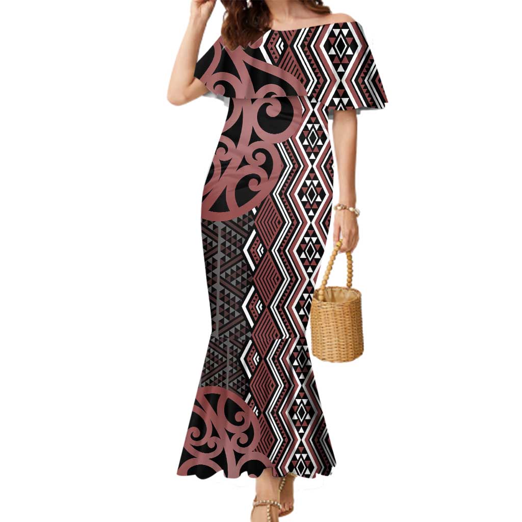 Maori Taniko Patterns Family Matching Mermaid Dress and Hawaiian Shirt Brown Patiki Motifs Mix Whakairo Ngaru LT7 Mom's Dress Brown - Polynesian Pride