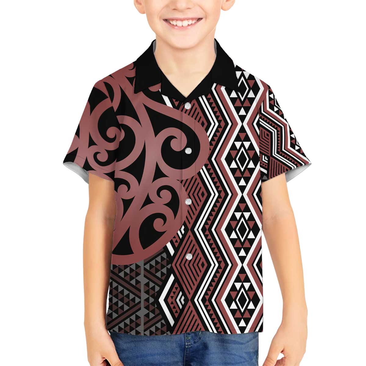 Maori Taniko Patterns Family Matching Off The Shoulder Long Sleeve Dress and Hawaiian Shirt Brown Patiki Motifs Mix Whakairo Ngaru LT7 Son's Shirt Brown - Polynesian Pride