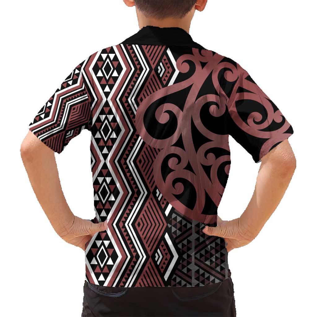 Maori Taniko Patterns Family Matching Off Shoulder Maxi Dress and Hawaiian Shirt Brown Patiki Motifs Mix Whakairo Ngaru LT7 - Polynesian Pride