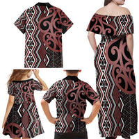 Maori Taniko Patterns Family Matching Off Shoulder Maxi Dress and Hawaiian Shirt Brown Patiki Motifs Mix Whakairo Ngaru LT7 - Polynesian Pride