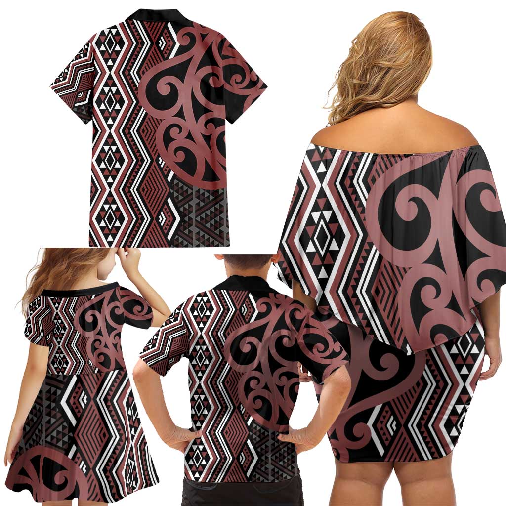 Maori Taniko Patterns Family Matching Off Shoulder Short Dress and Hawaiian Shirt Brown Patiki Motifs Mix Whakairo Ngaru LT7 - Polynesian Pride