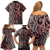 Maori Taniko Patterns Family Matching Off Shoulder Short Dress and Hawaiian Shirt Brown Patiki Motifs Mix Whakairo Ngaru LT7 - Polynesian Pride