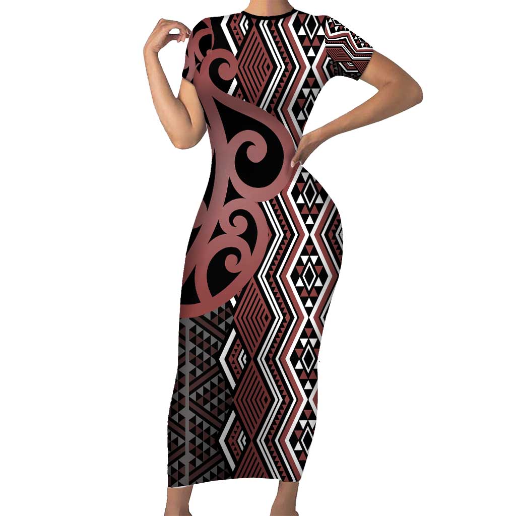 Maori Taniko Patterns Family Matching Short Sleeve Bodycon Dress and Hawaiian Shirt Brown Patiki Motifs Mix Whakairo Ngaru LT7 Mom's Dress Brown - Polynesian Pride