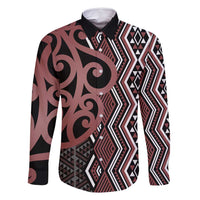 Maori Taniko Patterns Family Matching Summer Maxi Dress and Hawaiian Shirt Brown Patiki Motifs Mix Whakairo Ngaru LT7 Dad's Shirt - Long Sleeve Brown - Polynesian Pride