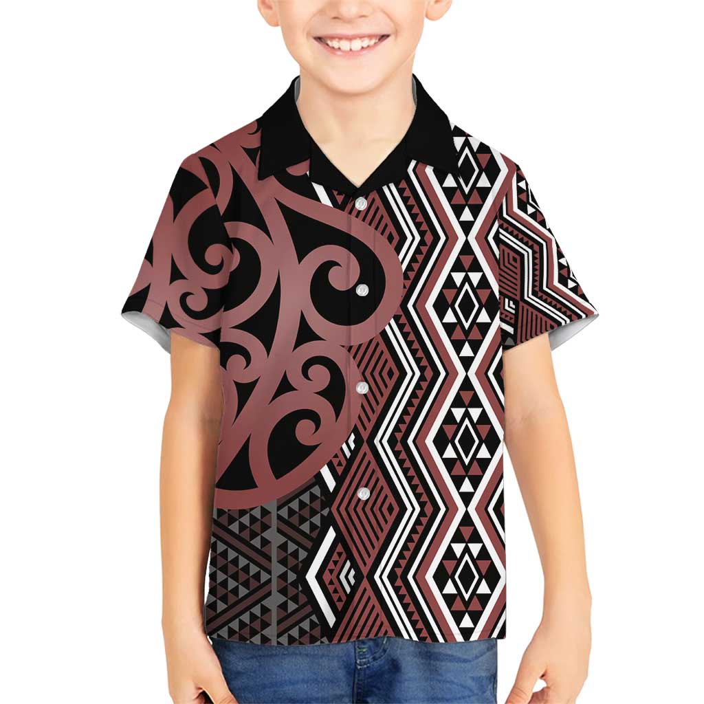 Maori Taniko Patterns Family Matching Summer Maxi Dress and Hawaiian Shirt Brown Patiki Motifs Mix Whakairo Ngaru LT7 Son's Shirt Brown - Polynesian Pride